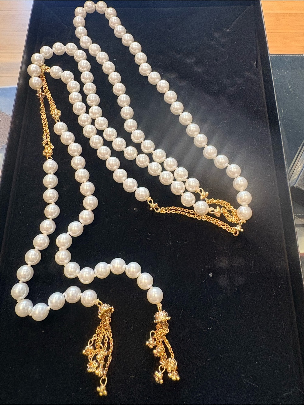 Vintage White Pearl Lariat Necklace with Gold Tassels